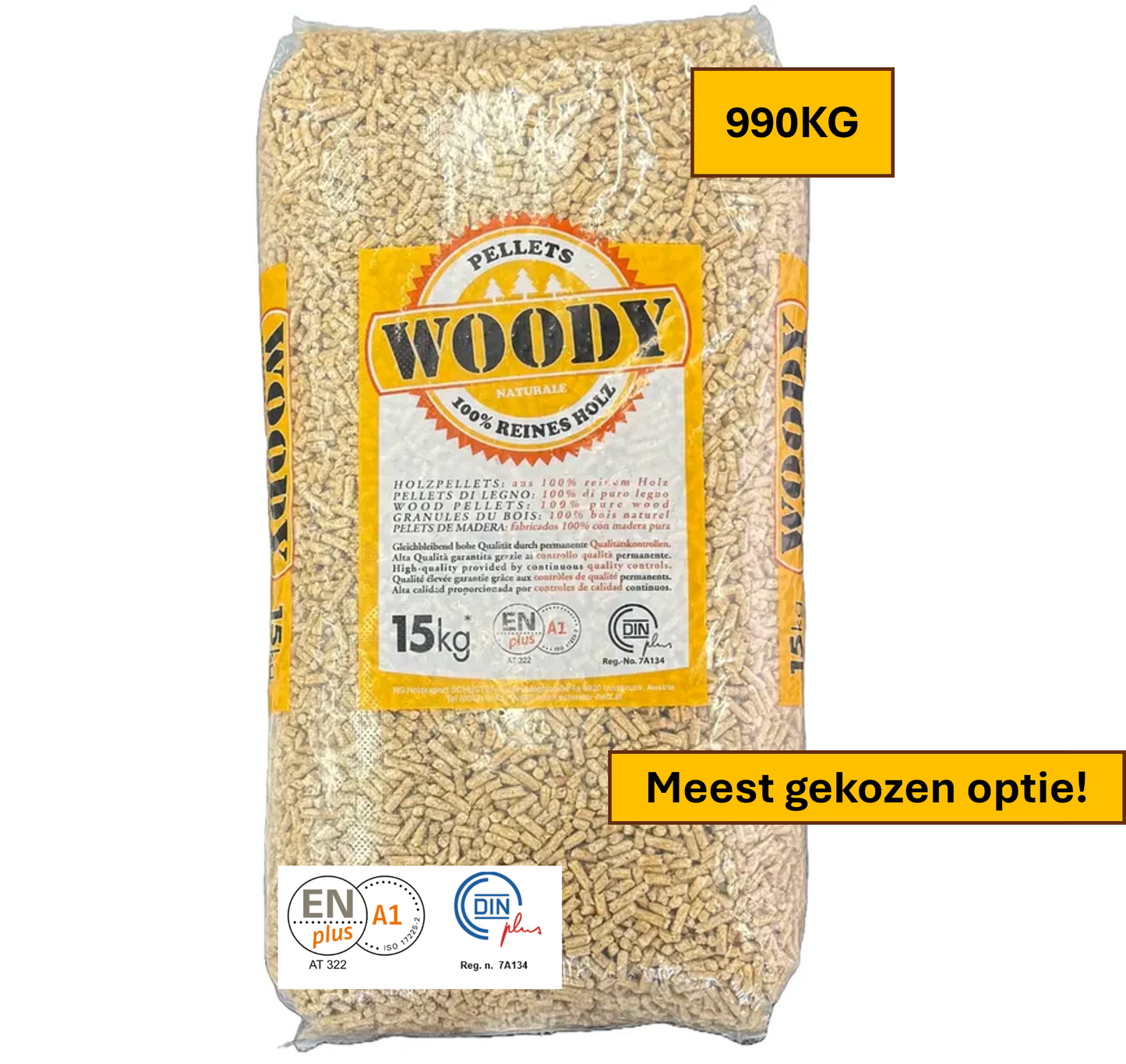 Hele pallet WOODY houtpellets 100% naaldhout (66 zakken / 990kg)