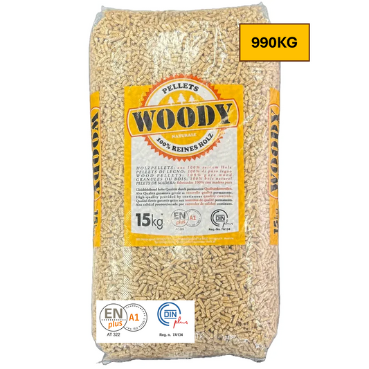 Afgehaald standaard pallet WOODY houtpellets 100% naaldhout (66 zakken / 990kg)