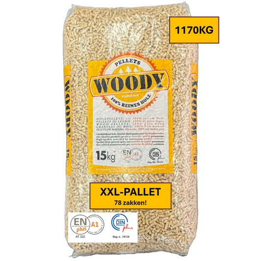 Afgehaald XXL-pallet WOODY houtpellets 100% naaldhout (78 zakken / 1170kg)