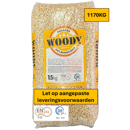 Geleverd XXL-pallet WOODY houtpellets 100% naaldhout (78 zakken / 1170kg)